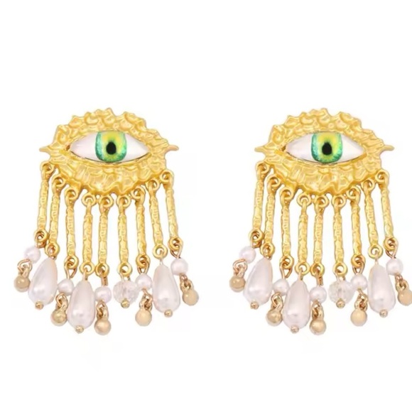 Maison Green Evil Eye Protection Pearl Dangle Earrings - Picture 4 of 12